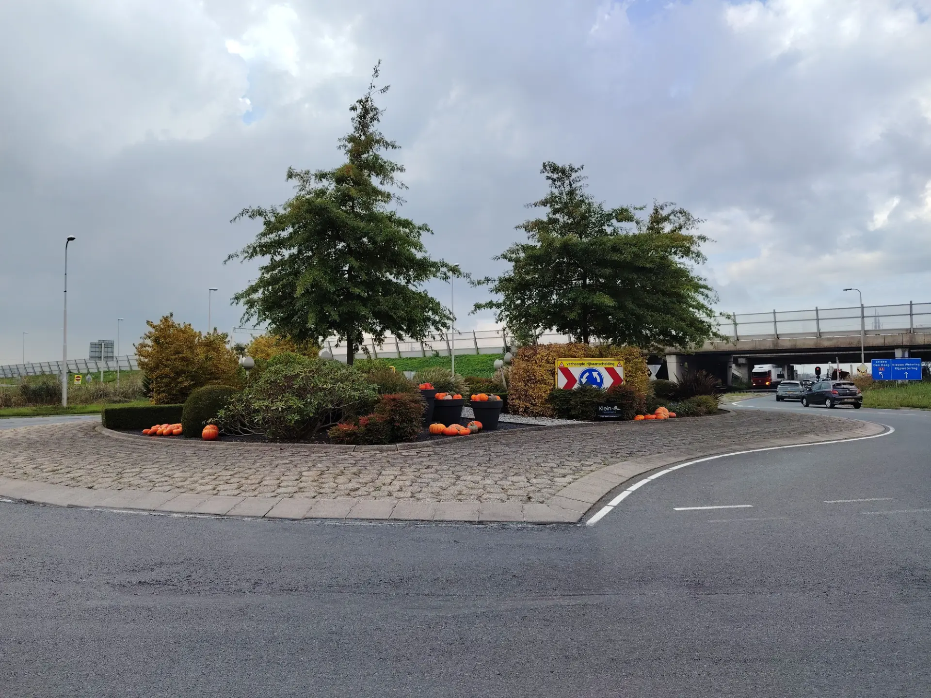 Door Klein Hoveniers onderhouden rotonde bij de entree van Roelofarendsveen, met herfstbeplanting en pompoenen